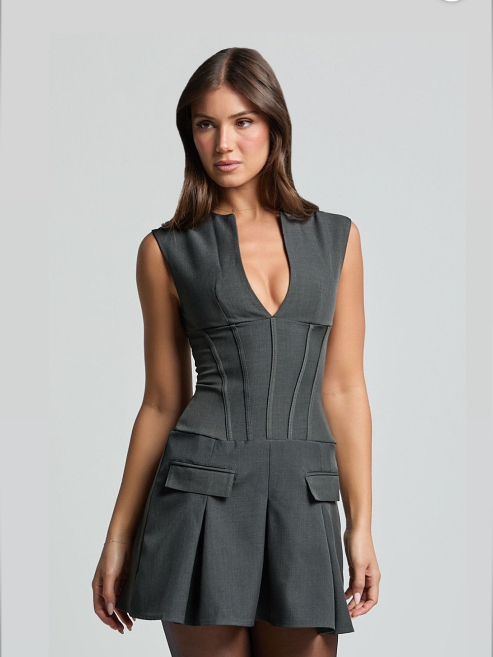 Micas Sleeveless V-Neck Structured Gray Mini corset like Dress Sz Small NEW CB - Picture 2 of 2